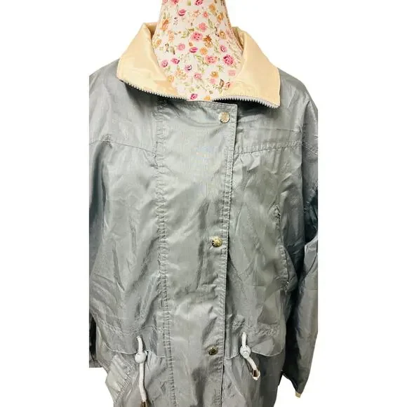 🩶 Innovations by Izzi Silver 90s WindbreakerTrench Coat L Retro Minimalist Chic - Picture 2 of 4
